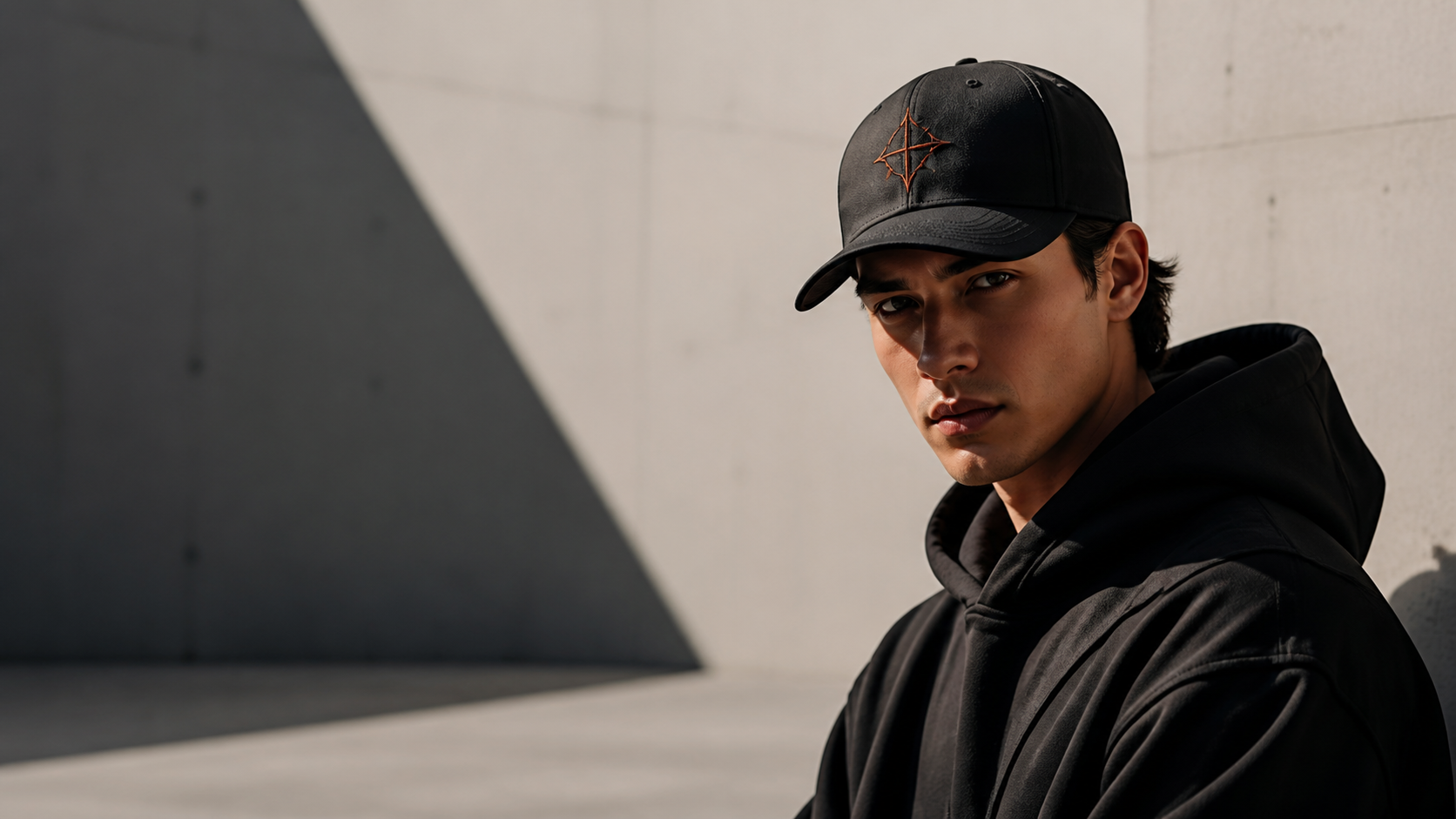 Model wearing a premium black cap